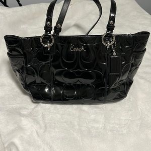 Black patent coach tote